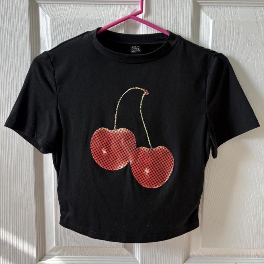 SHEIN Black Short Sleeve Tee with Red Sequin Cherry